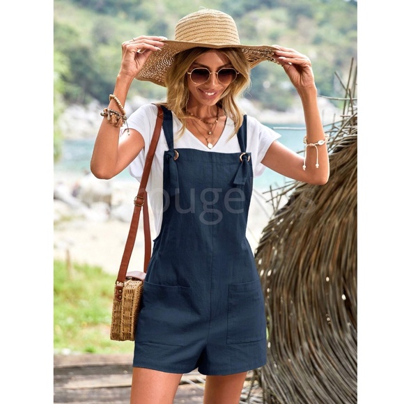 Cotton Navy Blue Short Romper Overalls Tie Straps Front Pockets - Picture 5 of 7